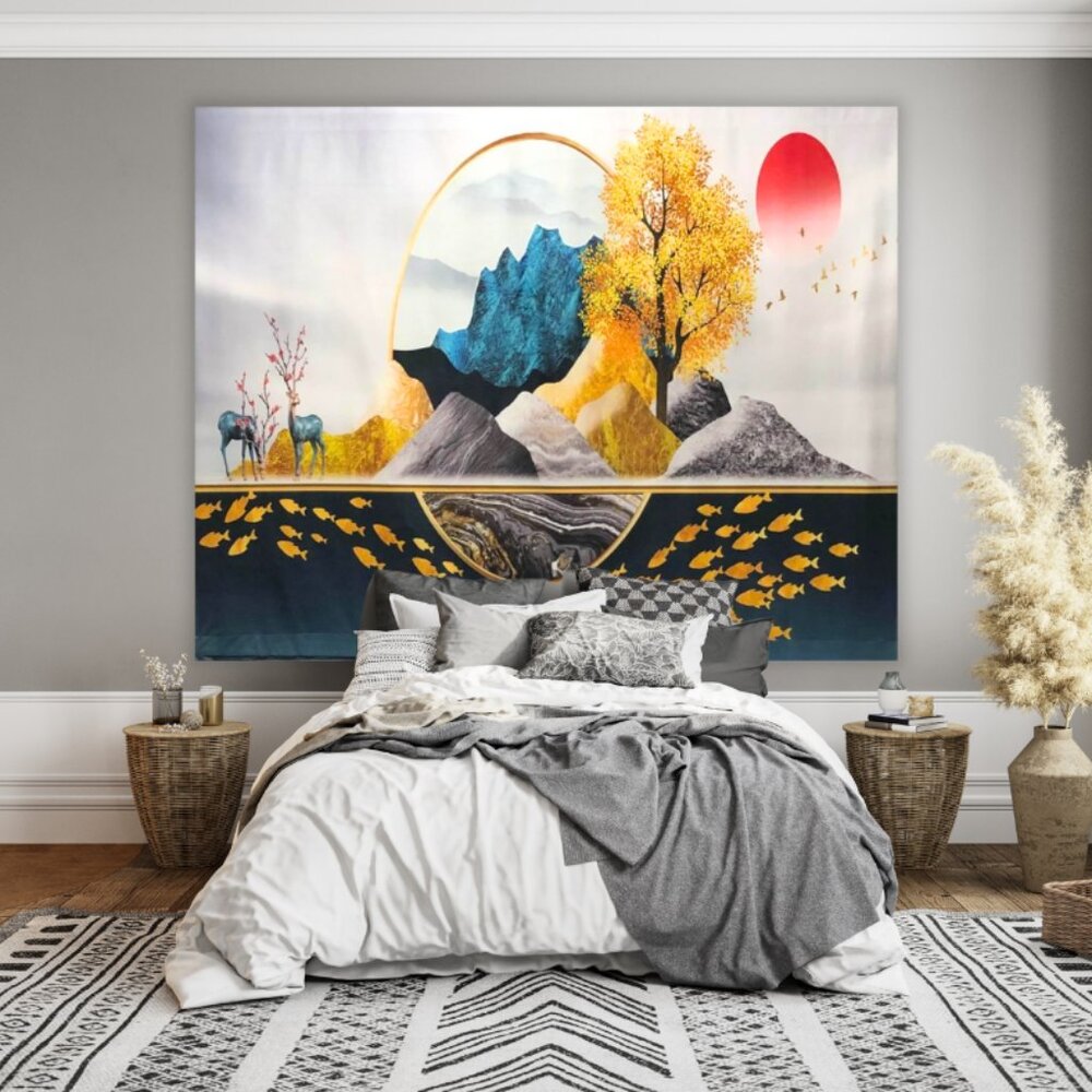 Abstract nature Mountains Sun Moon Tree Galaxy Fish Koi Japanese Bedroom Artwork